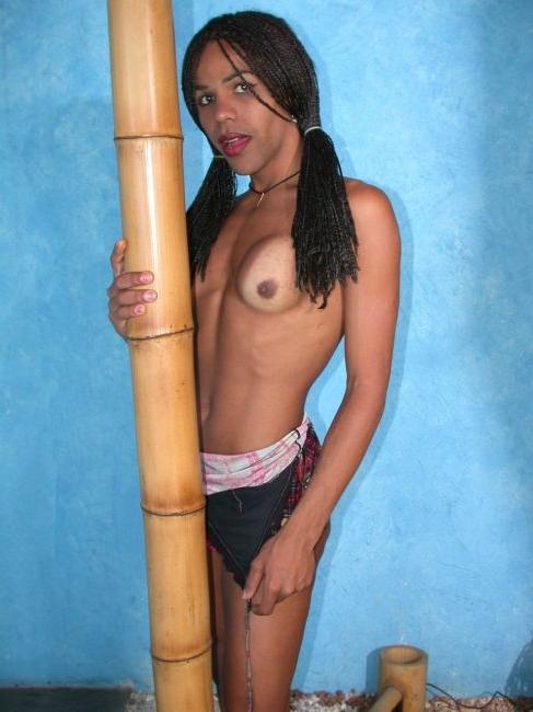 16P Sexy Ebony Tranny With Hair In Braids Stroking Her Cock