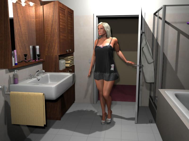 12P Seductive 3D blonde exposing her enormous tits in the bathroom