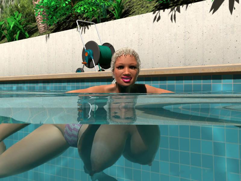 12P Sexy 3D blonde with giant boobs sunbathing topless by the pool