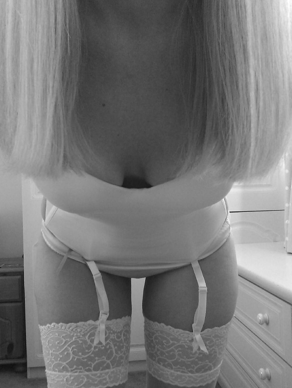 10P Blonde milf in white basque and stockings