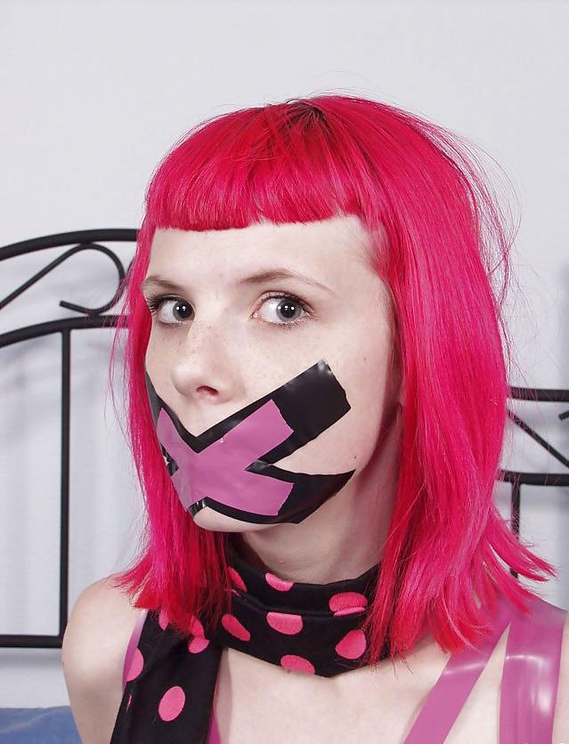 15P Pink Haired Teen Babe Plays With Tape