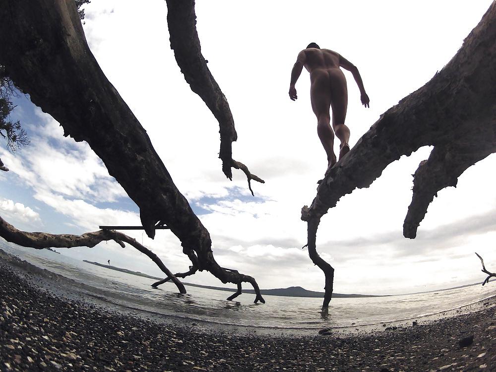10P Naked, hard and stroking at the beach