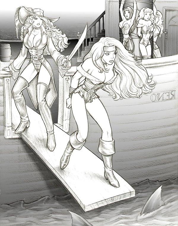 25P BW drawings show glamorous and gorgeous women in bondage