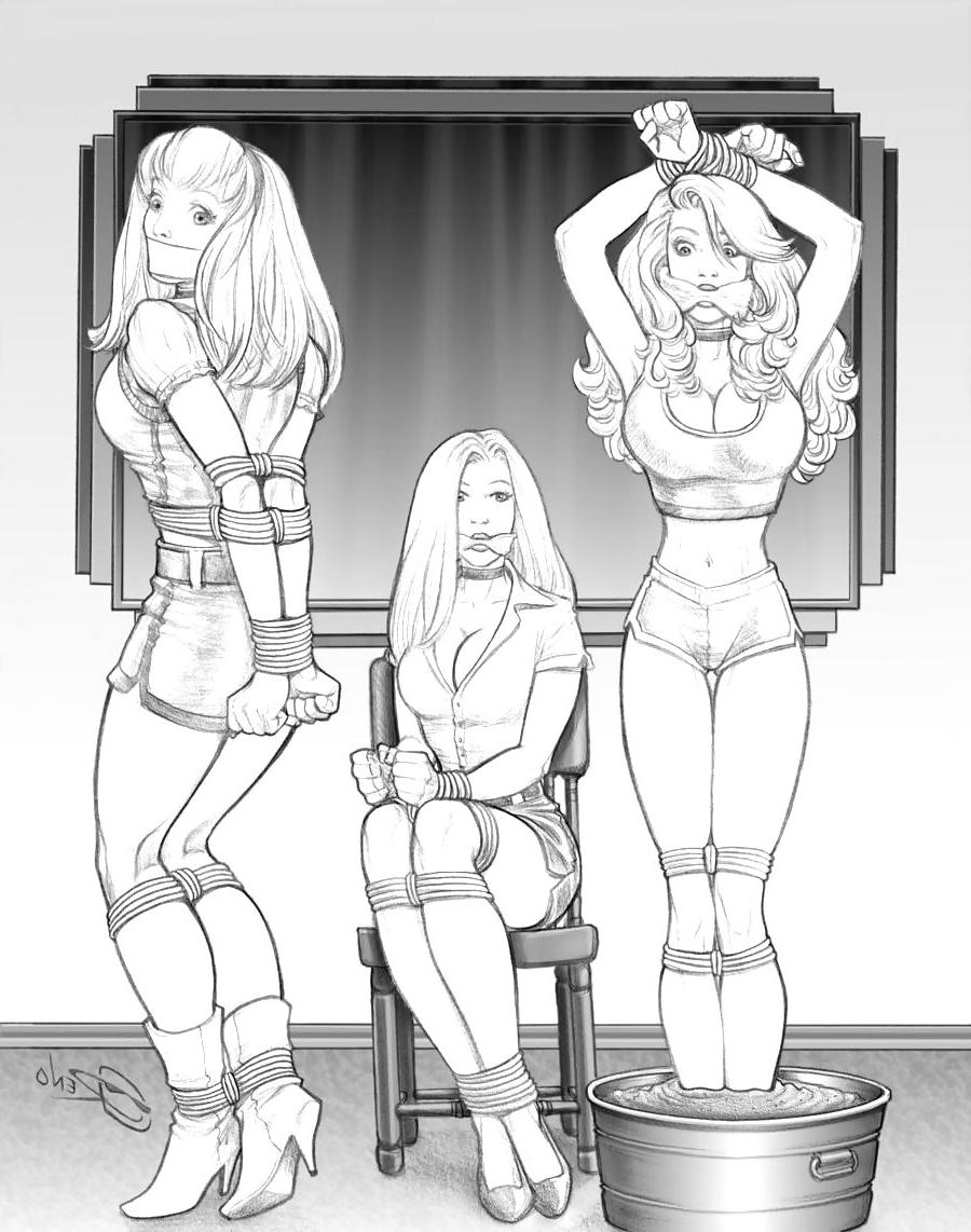 25P BW drawings show glamorous and gorgeous women in bondage