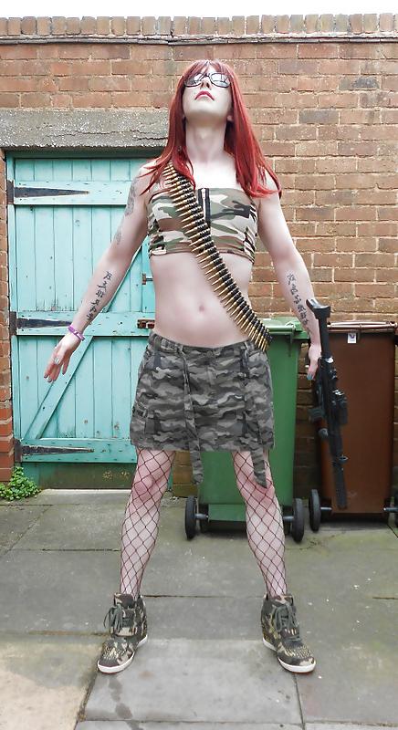25P Tranny Supersatin Army Girl gets her gun out (Outdoor Shots)