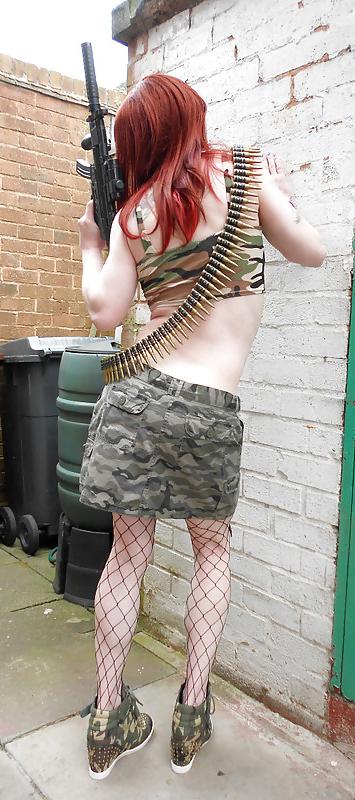 25P Tranny Supersatin Army Girl gets her gun out (Outdoor Shots)