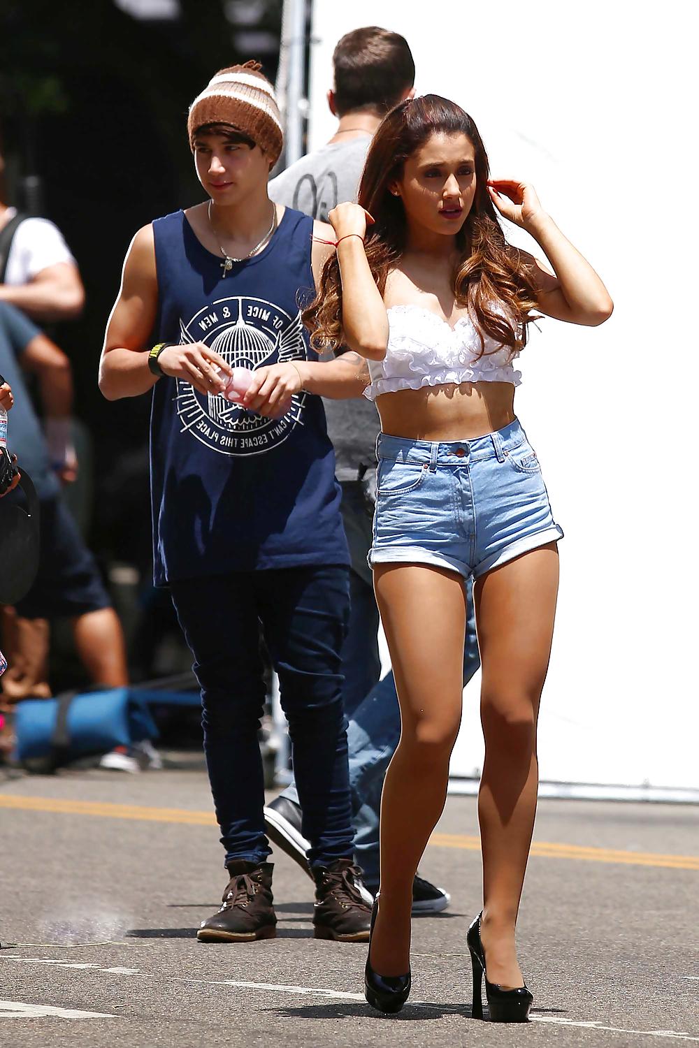 11P Ariana Grande wearing denim shorts and pantyhose