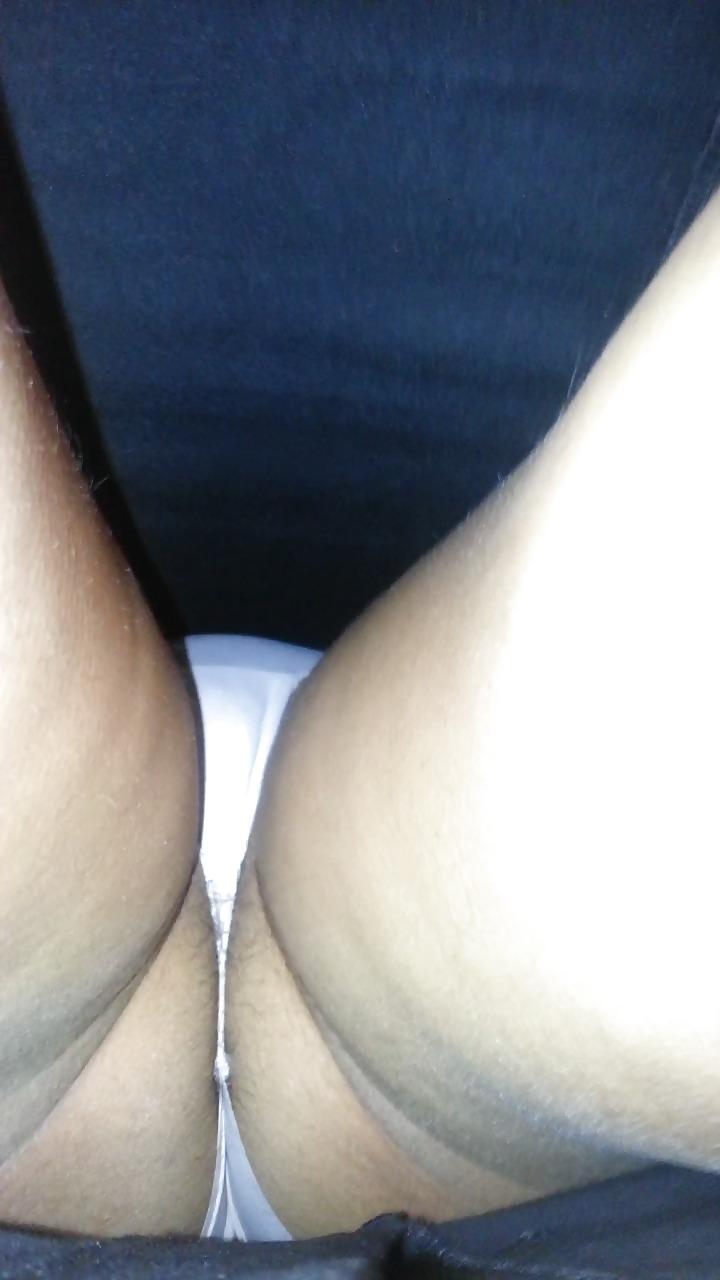 25P US Brunette black skirt white thong hairy ass