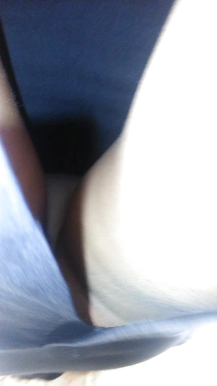 25P US Brunette black skirt white thong hairy ass
