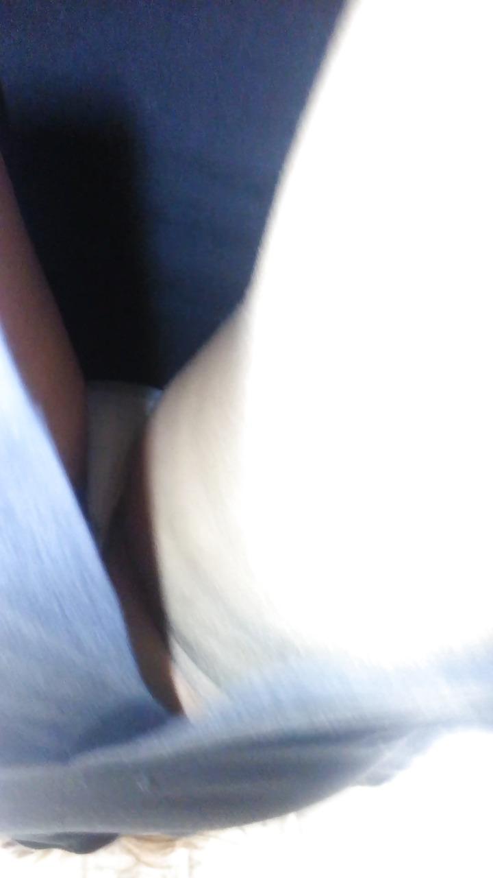 25P US Brunette black skirt white thong hairy ass