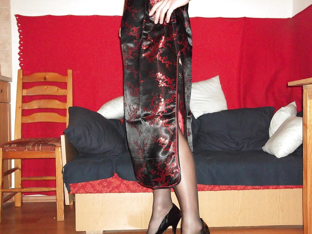 9P Black satin (silk) chinese dress - cheongsam (qipao)