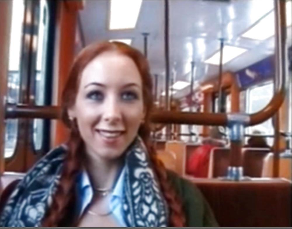 11P Hot Red head fucks Black on Train and in garage
