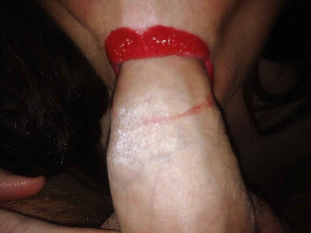 9P Red lipstick blowjob giving cock a great sucking and licking