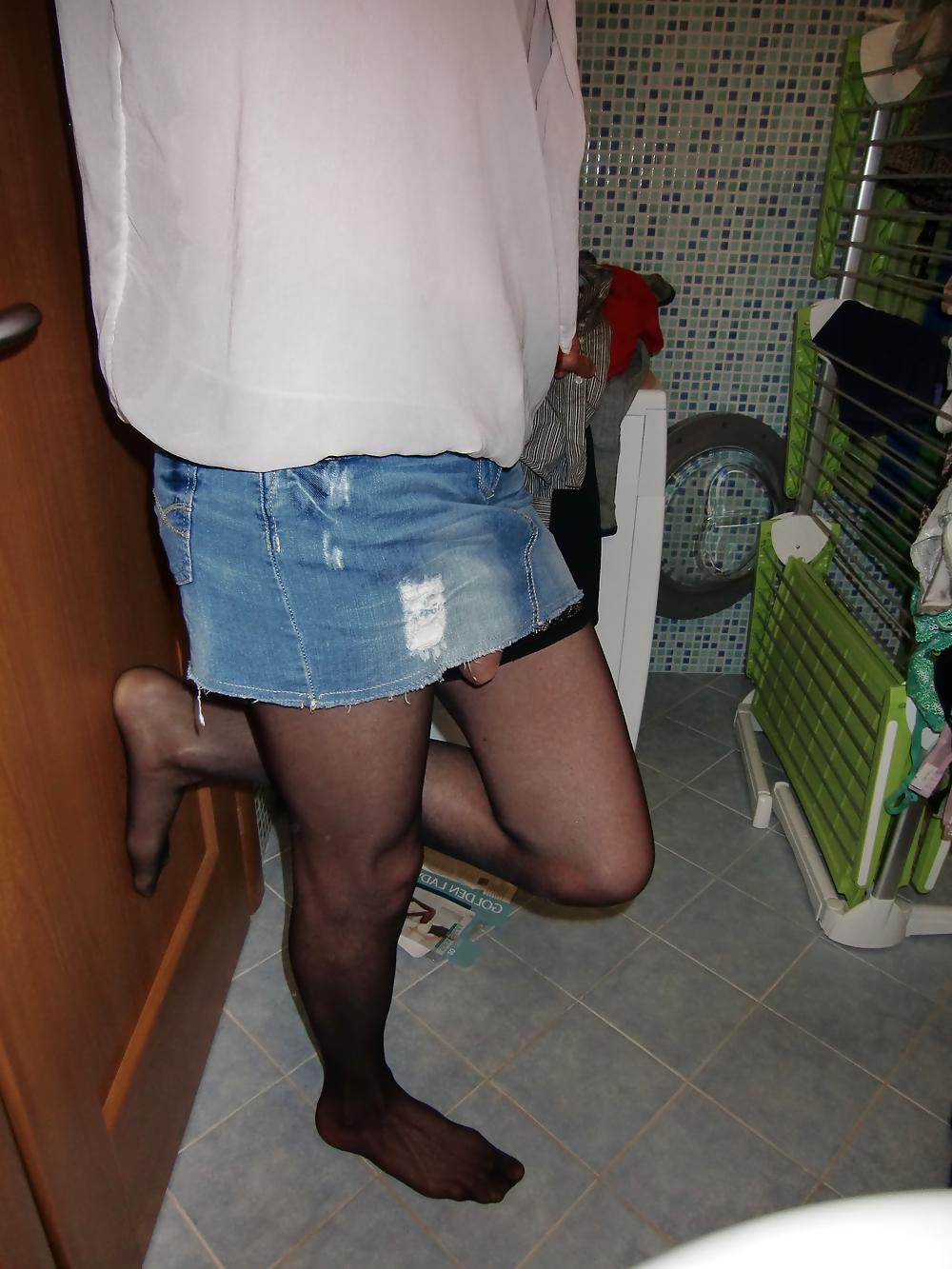7P Marta shemale in a denim skirt and stockings