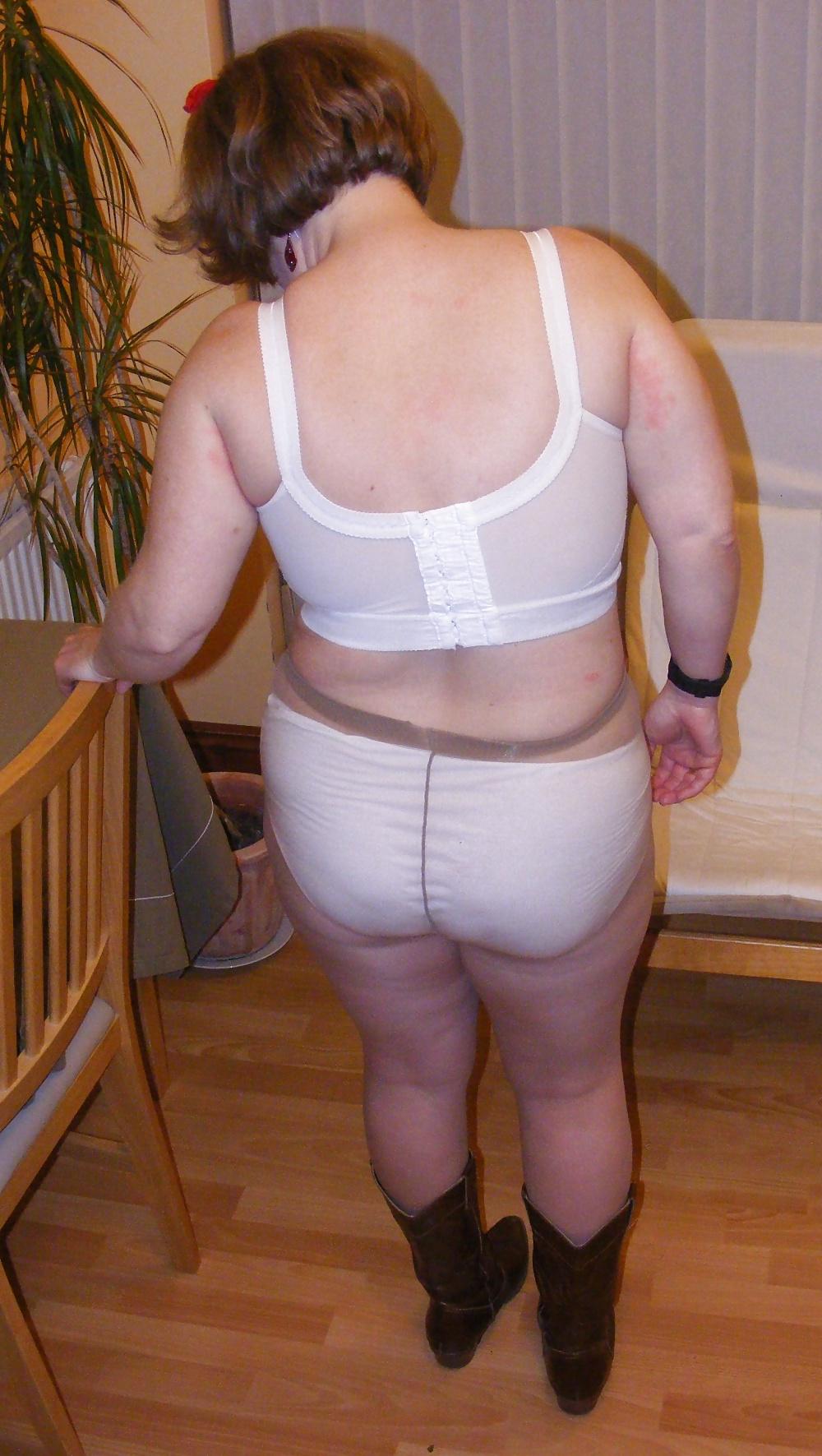 25P Tights, denim skirt, and big white knickers