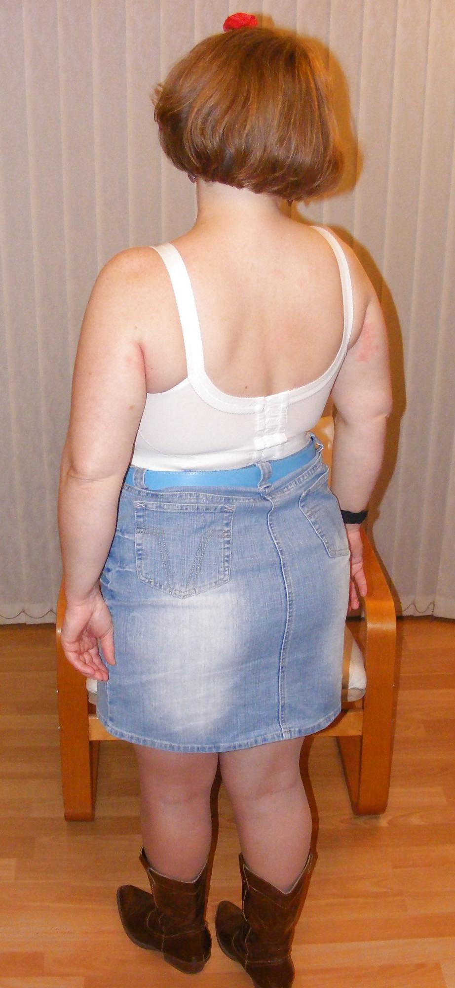 25P Tights, denim skirt, and big white knickers
