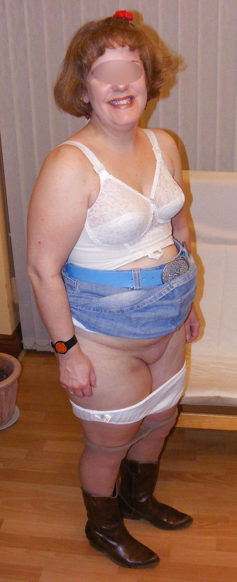 25P Tights, denim skirt, and big white knickers