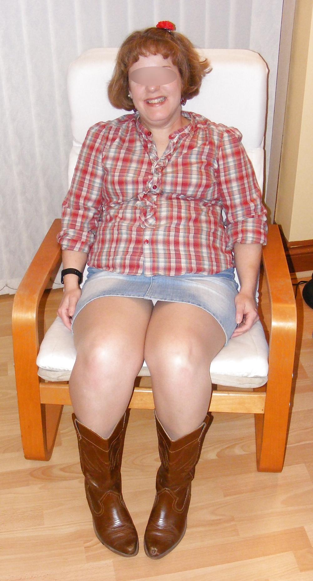 25P Tights, denim skirt, and big white knickers