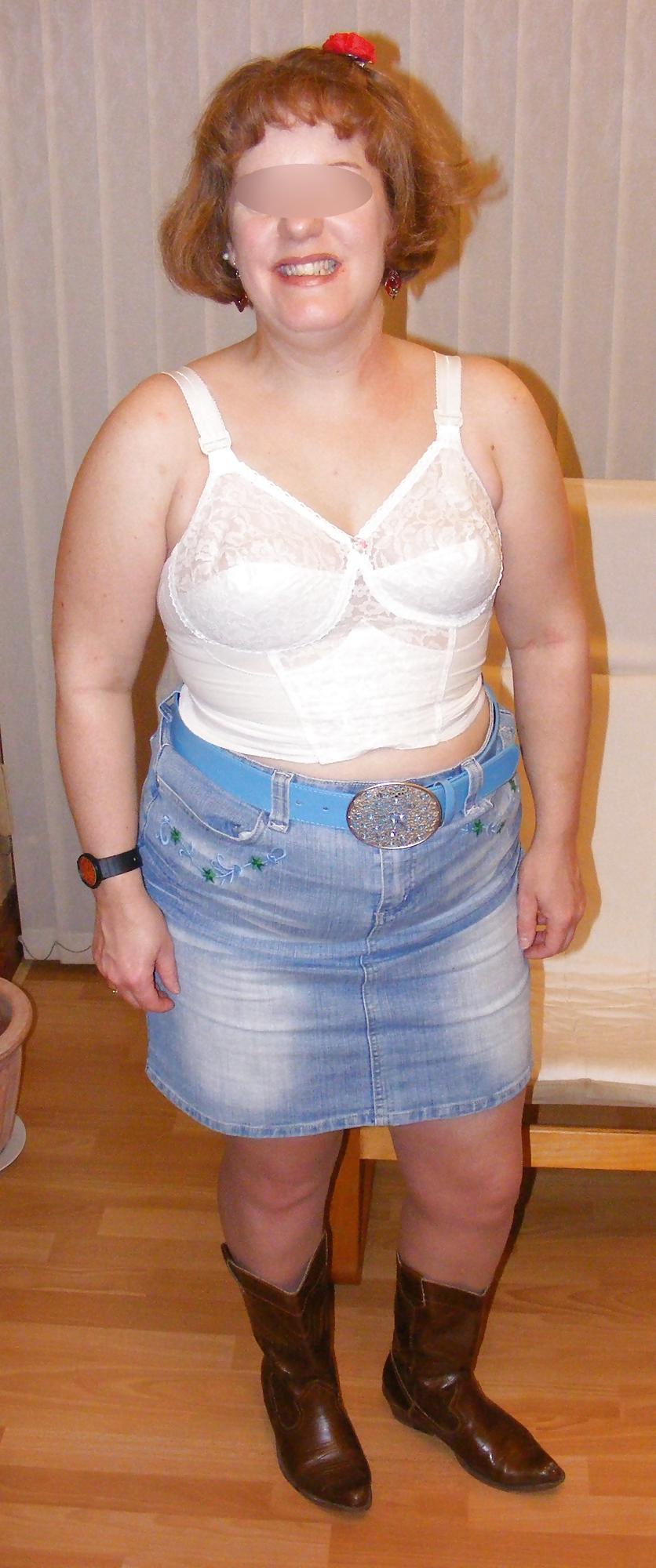 25P Tights, denim skirt, and big white knickers
