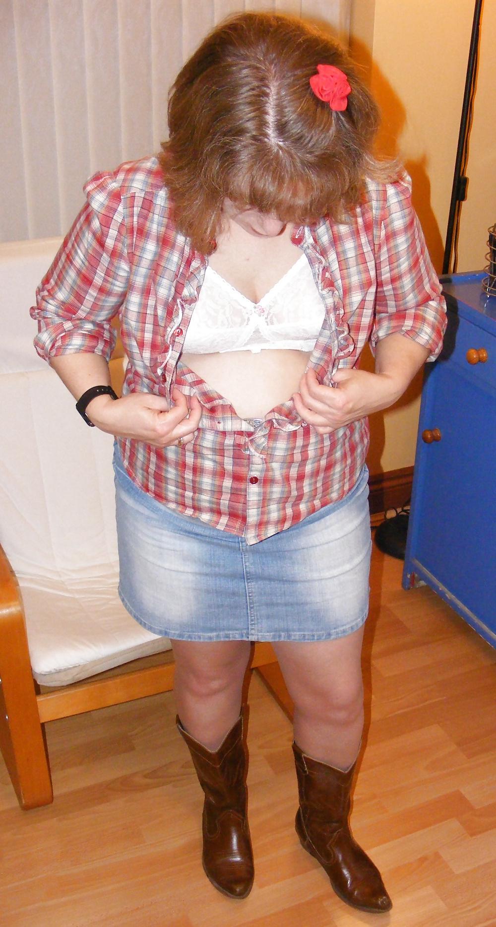 25P Tights, denim skirt, and big white knickers