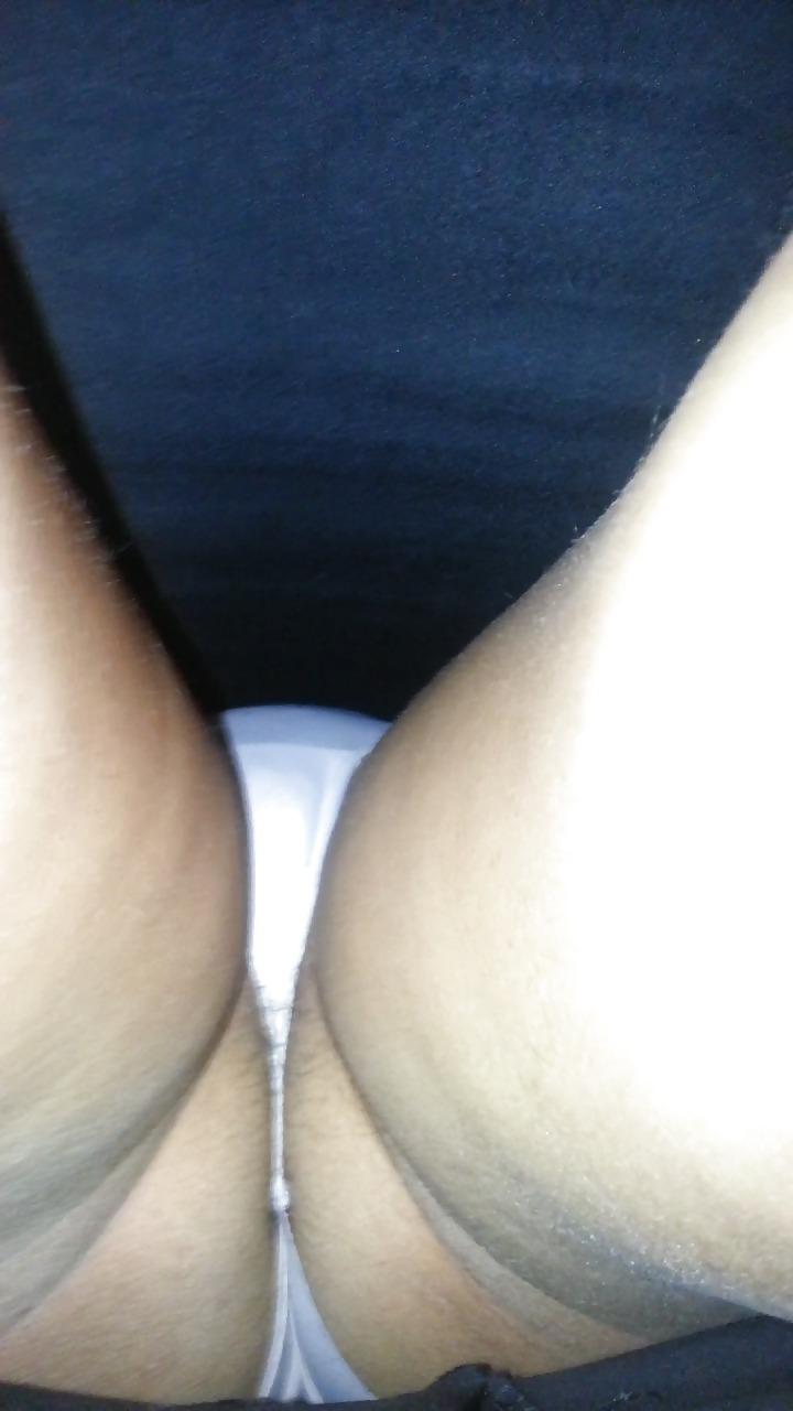 25P US Brunette black skirt white thong hairy ass 2