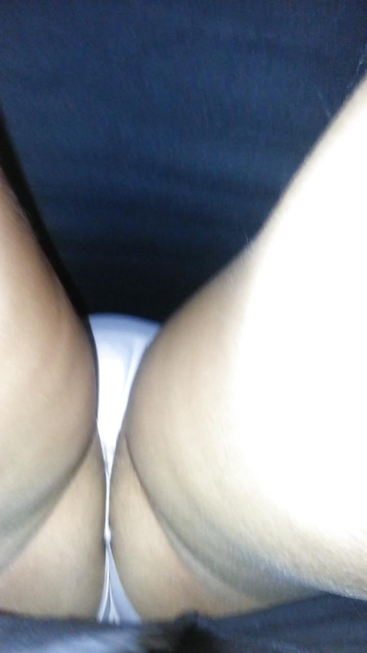 25P US Brunette black skirt white thong hairy ass 2