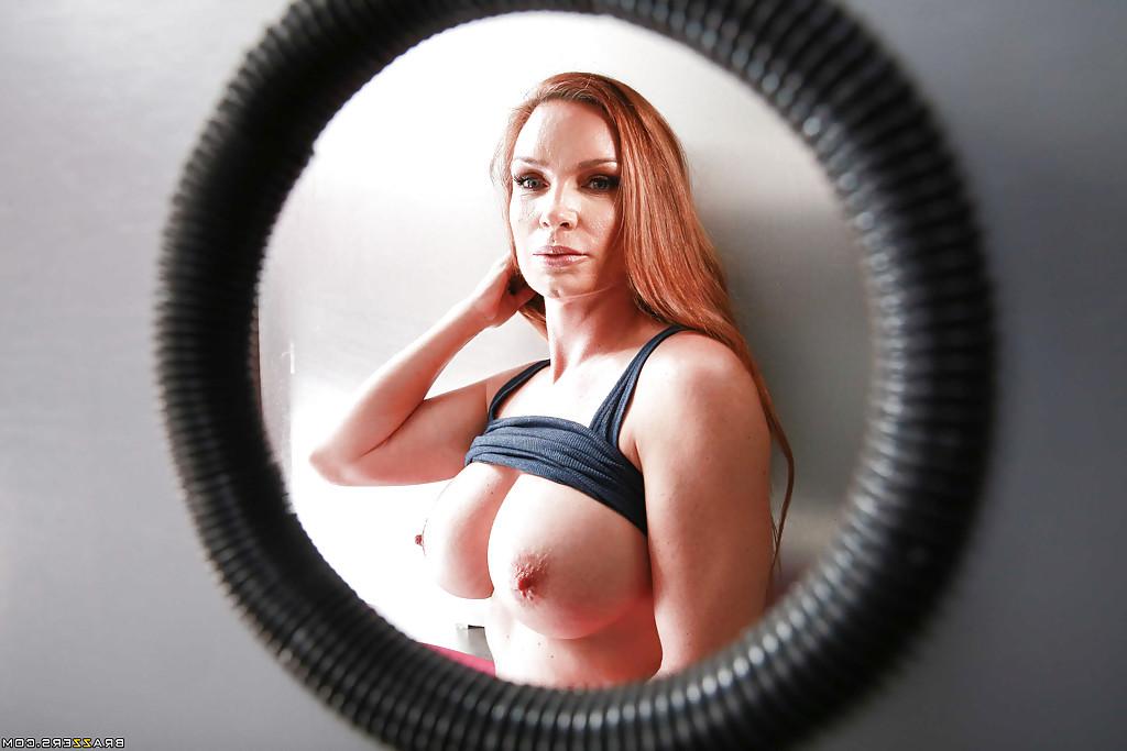 16P Mature redheaded wife Melissa Moore fondling large tits while jerking cock