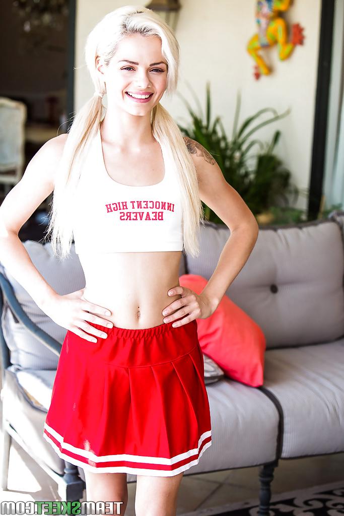 16P Blonde teen Elsa Dream hiking cheerleader uniform to flash shaved cunt