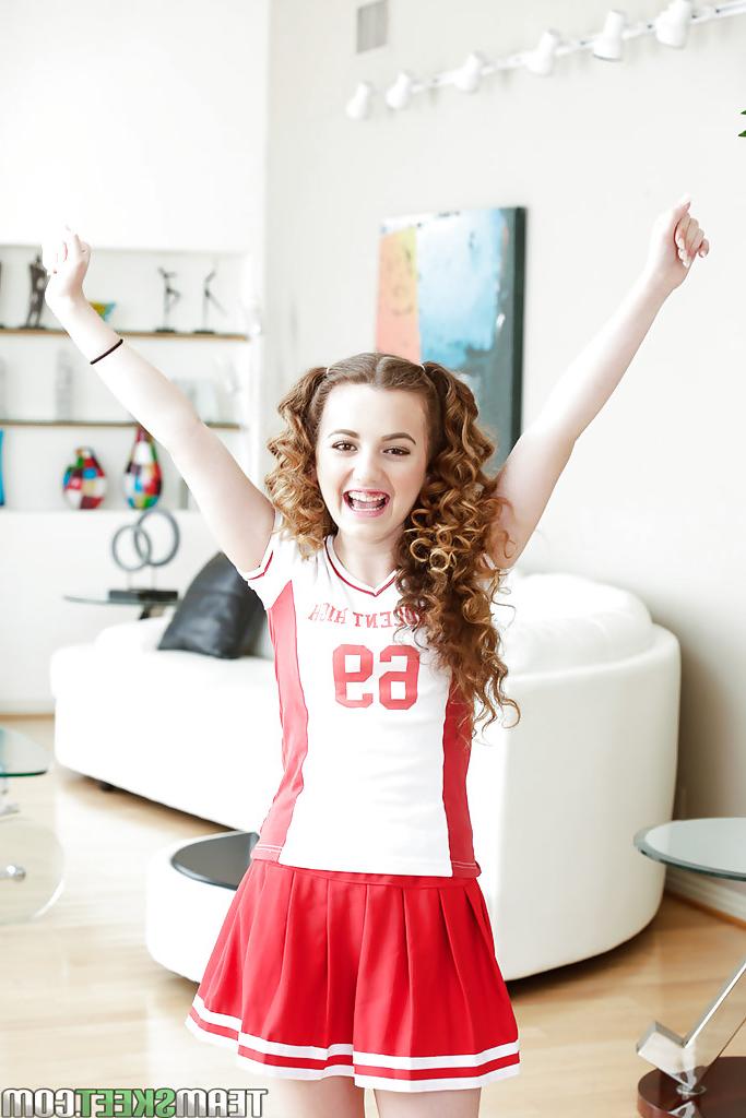 16P Barely legal teenager Marissa Mae posing in cute cheerleader uniform