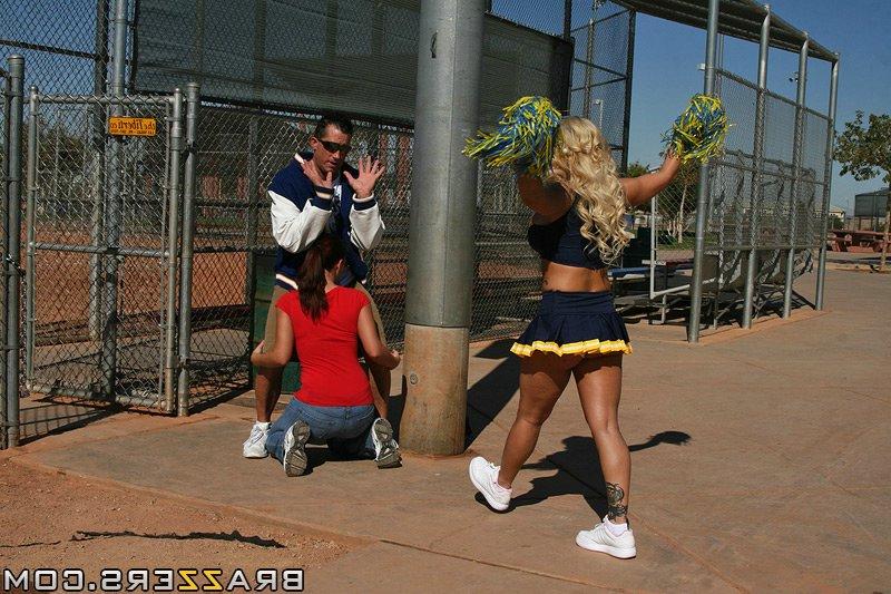 15P Big busted cheerleader Shyla Stylez has some anal fun with two studly lads