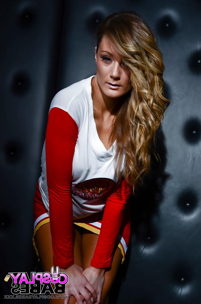 16P Cheerleader Elizabeth Bally frees big tits from uniform before masturbating