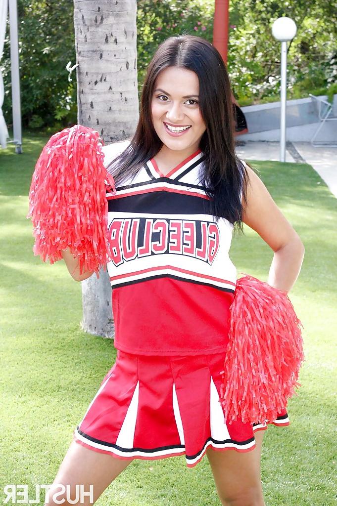 16P Young cheerleader babe Selma Sins sliding a finger inside warm cunt