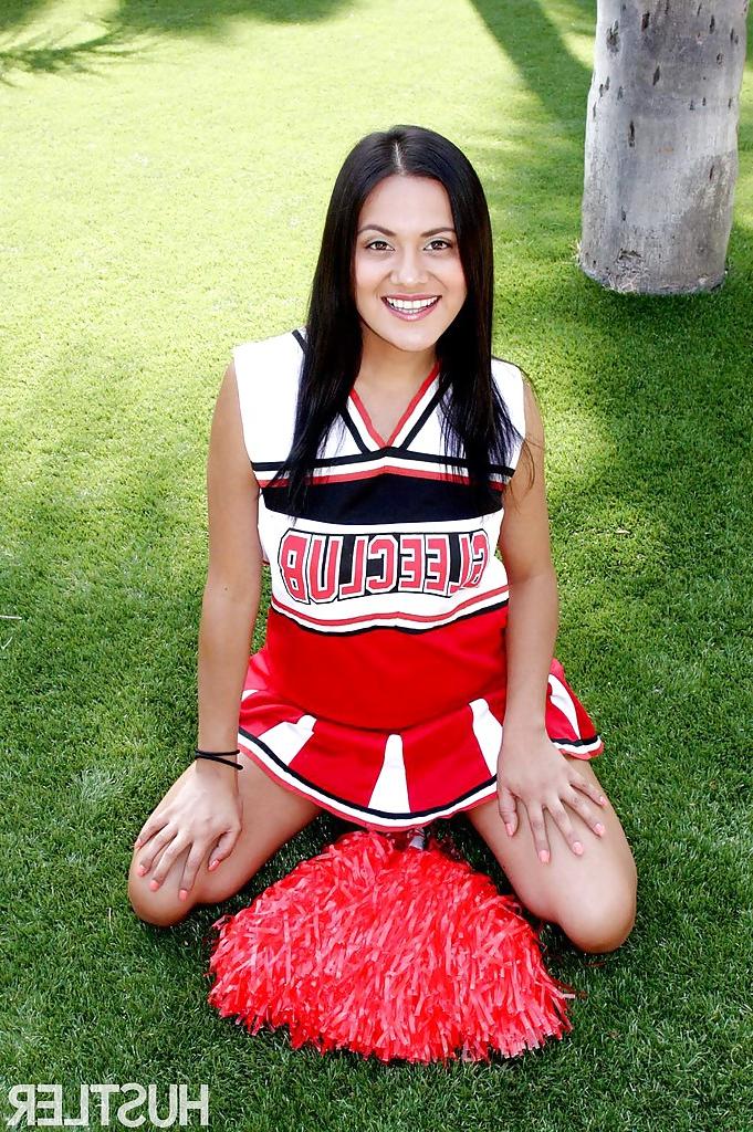 16P Young cheerleader babe Selma Sins sliding a finger inside warm cunt