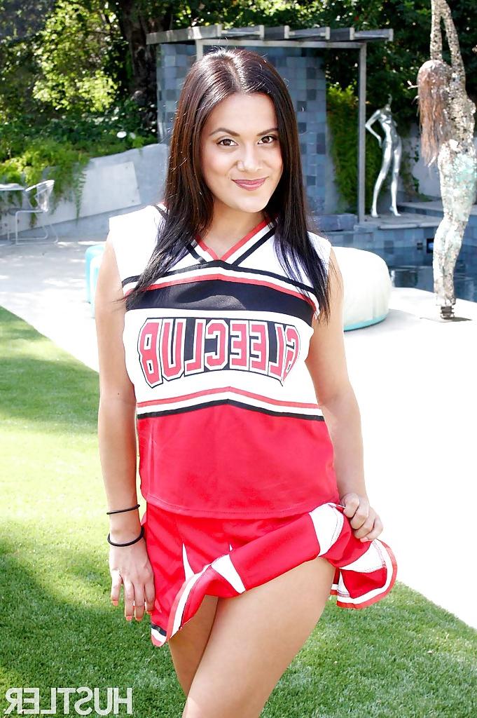 16P Young cheerleader babe Selma Sins sliding a finger inside warm cunt