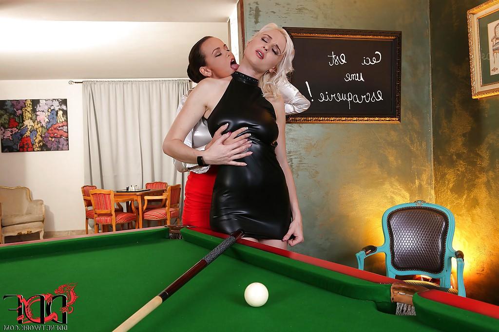 16P Stunning blonde and brunette have a passionate lesbian sex on the pool table