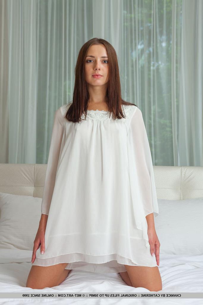 18P Young glamour model Chanice slipping off white nighty to pose in the nude