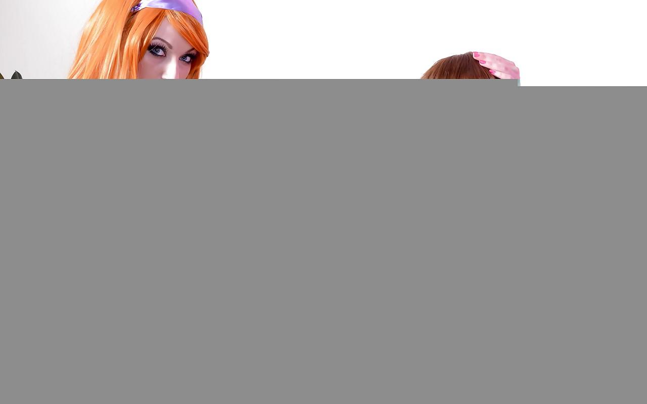 14P Sexy clothed cosplay lesbian girls Elouise & Harmony Reigns eating pussy