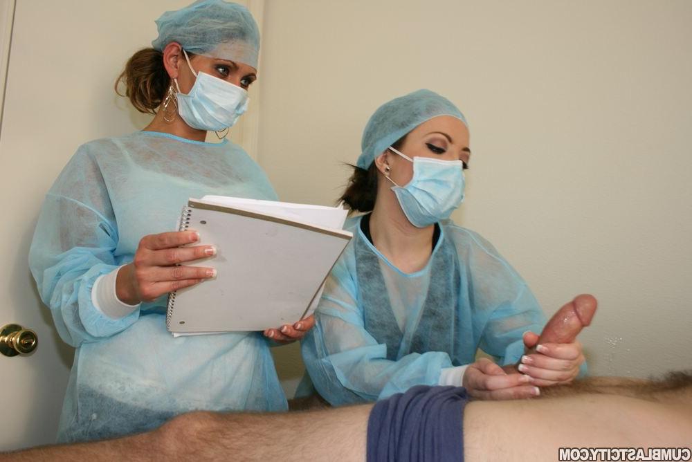 16P Seductive babes in nurse uniforms jerking off a big cock