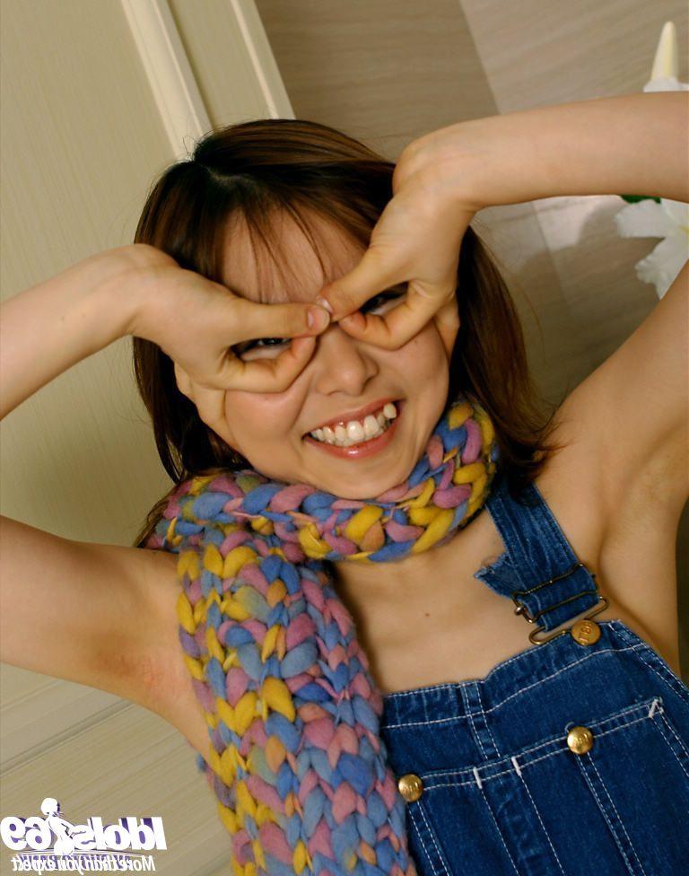16P Slim asian babe in jeans overall uncovering her graceful body