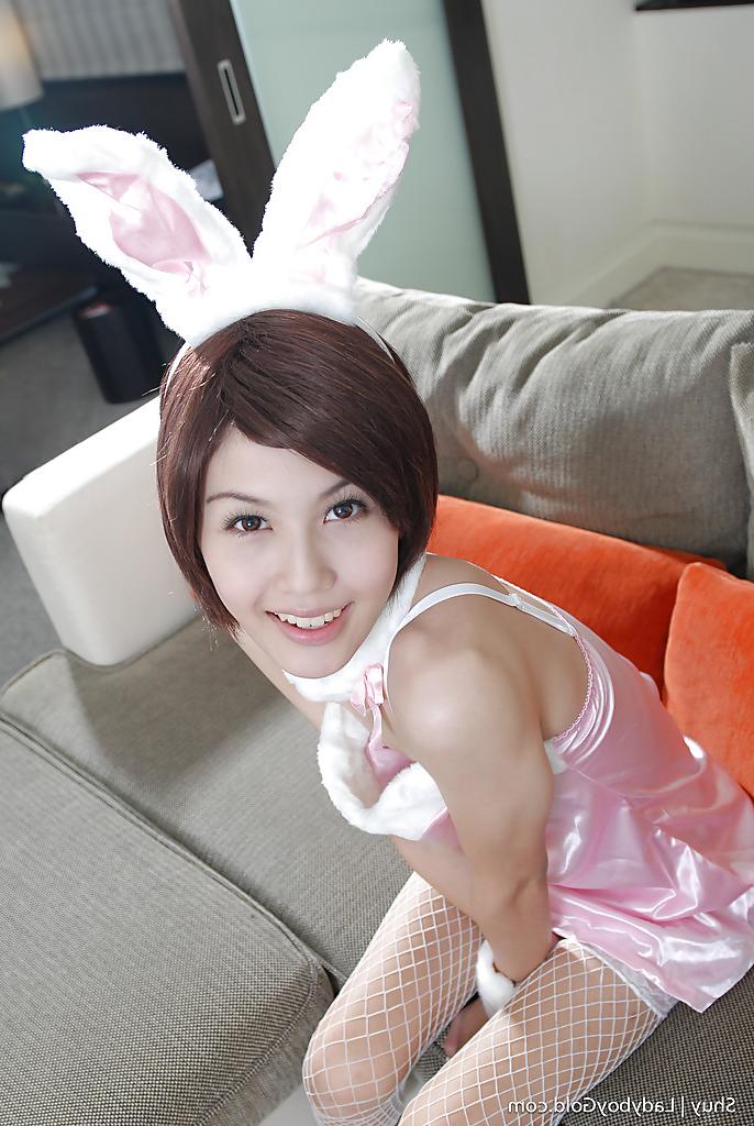 16P Cute skinny Thai shemale Shuy jerking off in stockings and lingerie