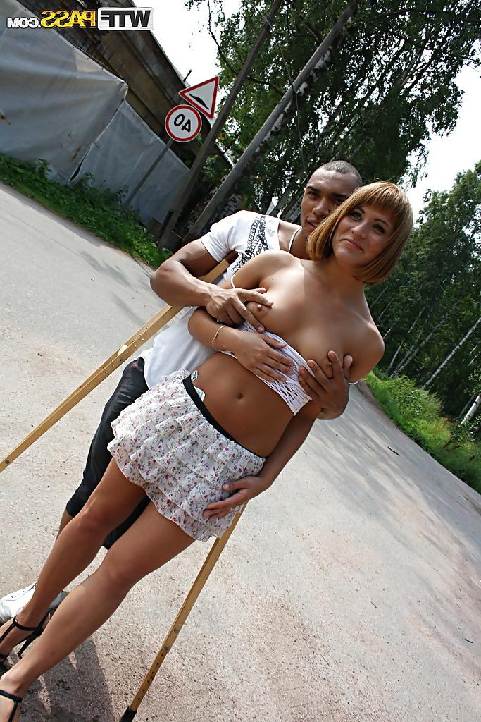 16P Twatty girl with tiny tits gets picked up by horny guys outdoor