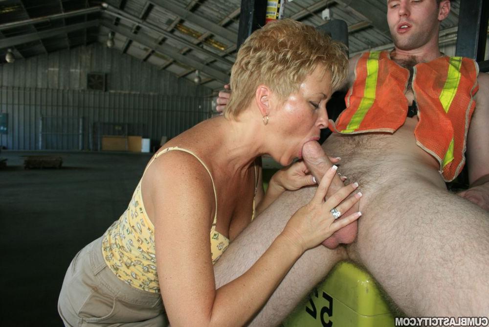 16P Short haired mature secretary sucking and jerking off a hard cock