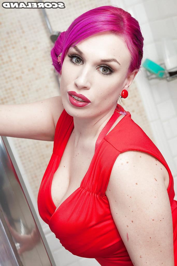 16P Pink haired solo girl Lily Madison wetting hooters in the shower
