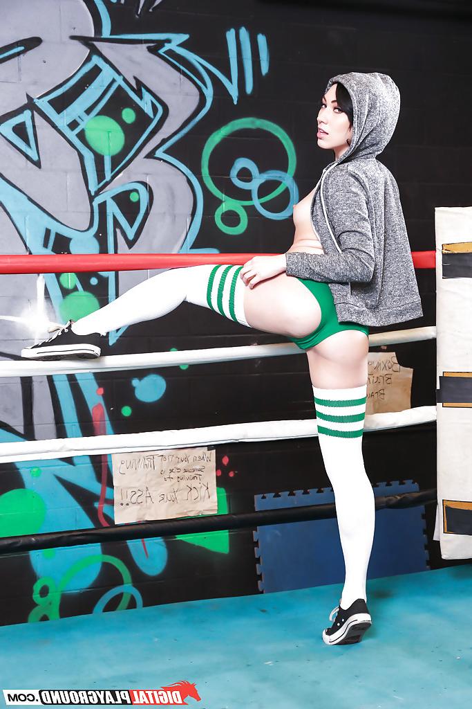 16P Dark haired pornstar Aria Alexander removing shorts in long socks