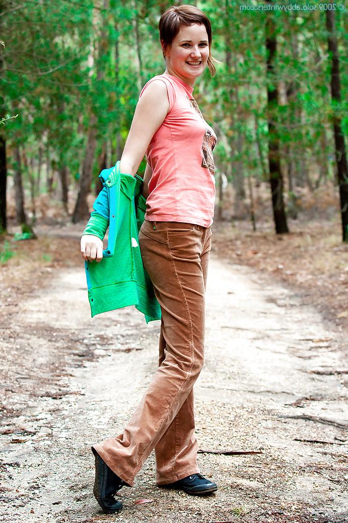16P Short haired amateur Stefanie stripping naked in the woods