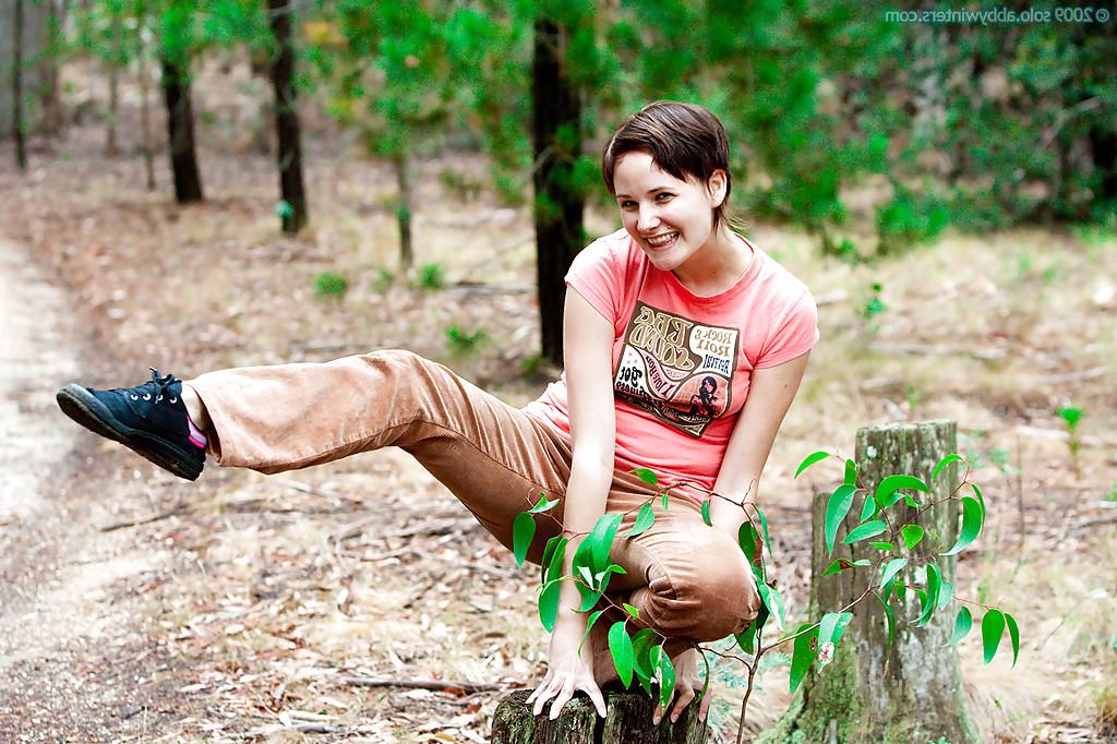 16P Short haired amateur Stefanie stripping naked in the woods
