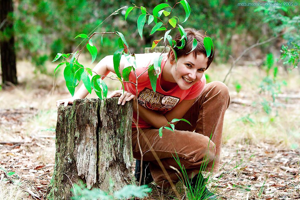 16P Short haired amateur Stefanie stripping naked in the woods