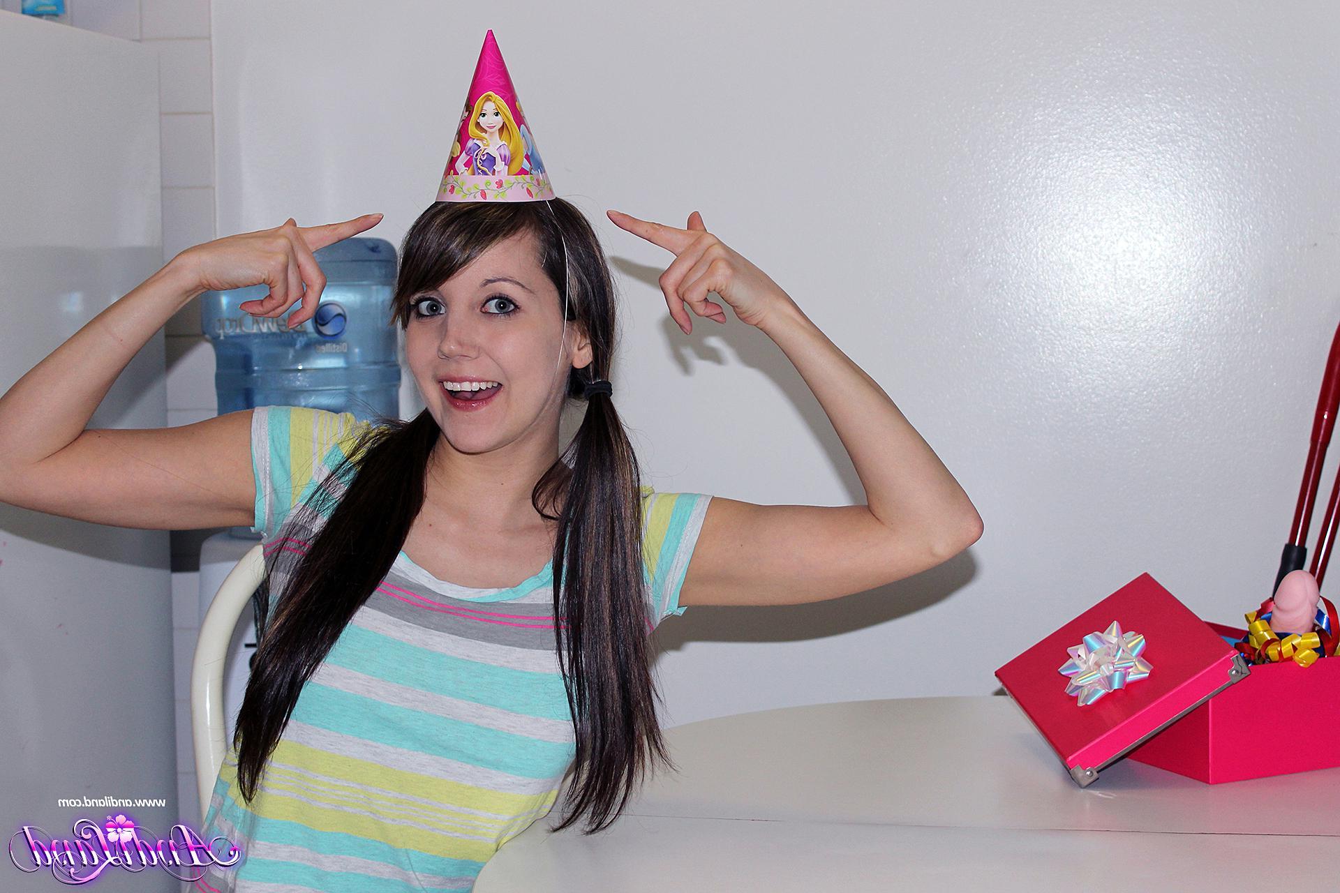 15P Brunette teen Andi Land celebrates her birthday with a dildo