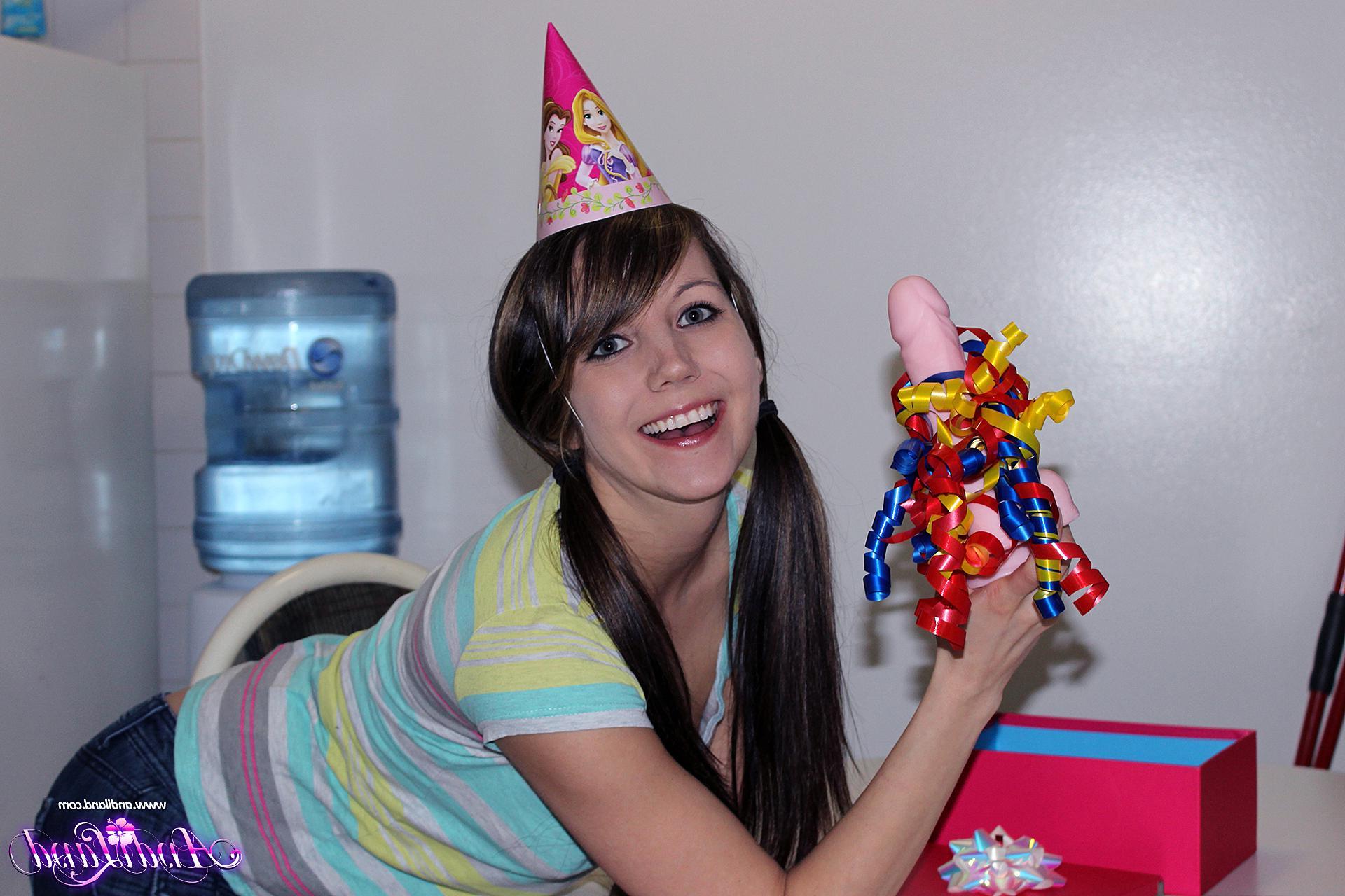 15P Brunette teen Andi Land celebrates her birthday with a dildo