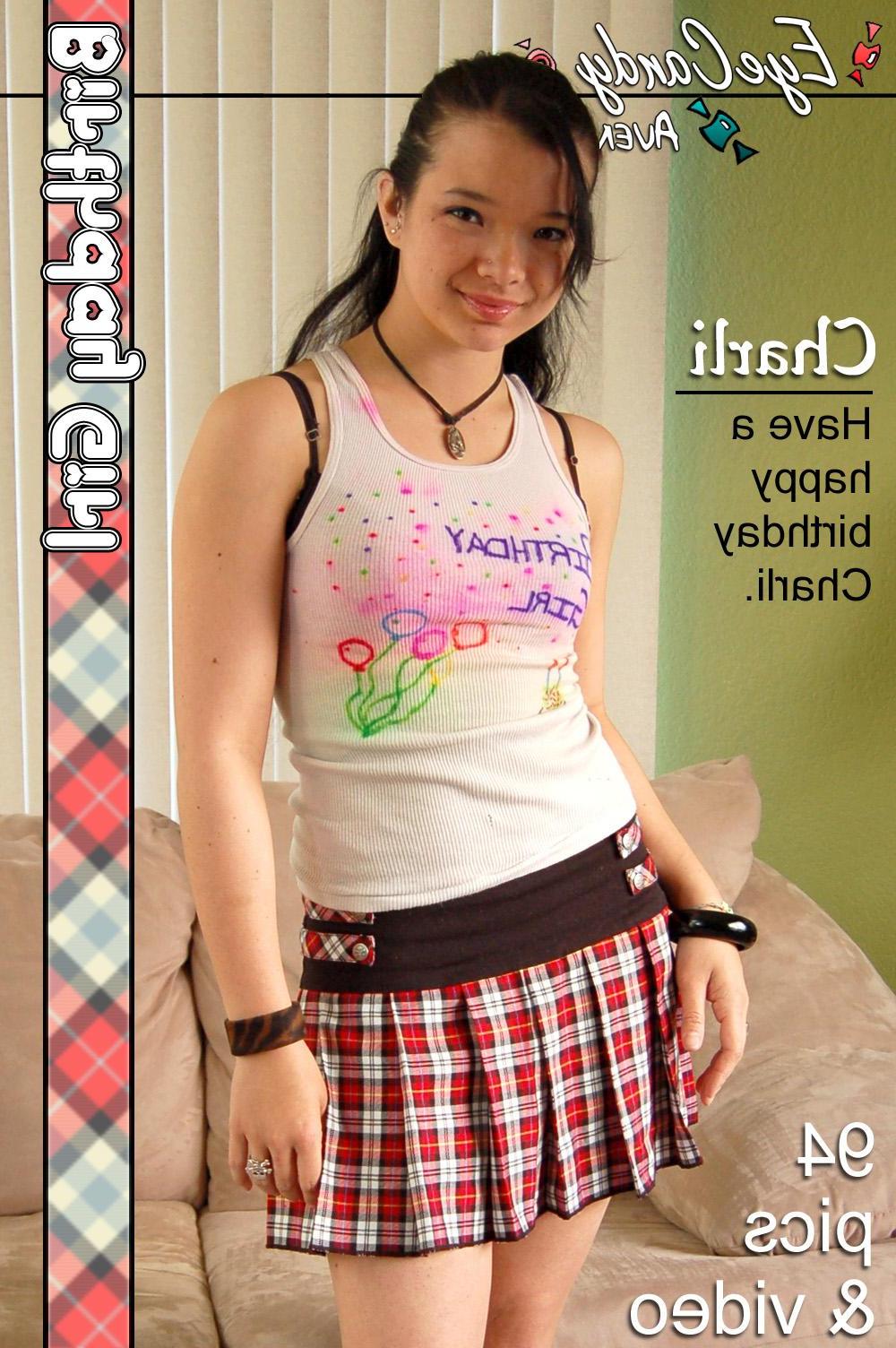 16P Brunette girl Charli strips out of her plaid skirt
